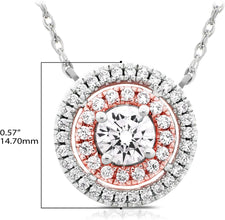 14K Rose Gold Plated .925 Sterling Silver Cubic Zirconia Two Toned Round Double Halo Necklace with 18