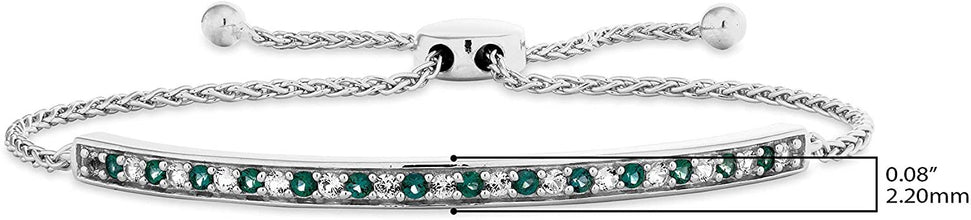 .925 Sterling Silver Lab Grown Emerald & Lab Grown White Sapphire Bar Wheat Bolo Bracelet 5-9