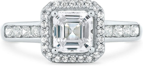 .925 Sterling Silver Lab Square Emerald Cut Created White Sapphire Halo Engagement Ring