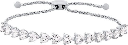 .925 Sterling Silver & Heart Cut White Cubic Zirconia Heart Links and Wheat Chain Adjustable Bolo Bracelet - Fits Wrists From 6”-9-1/3"