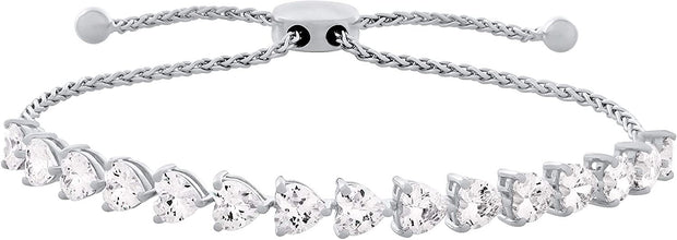 .925 Sterling Silver & Heart Cut White Cubic Zirconia Heart Links and Wheat Chain Adjustable Bolo Bracelet - Fits Wrists From 6”-9-1/3