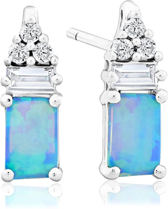 .925 Sterling Silver, Rectangular Lab-Grown Blue Opal Cabochon & Round and Baguette Cut Lab-Grown White Sapphire 1/2" Stacked Stud Earrings