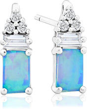 .925 Sterling Silver, Rectangular Lab-Grown Blue Opal Cabochon & Round and Baguette Cut Lab-Grown White Sapphire 1/2