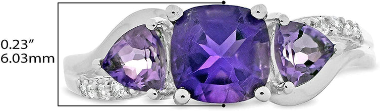 .925 Sterling Silver Three Stone Natural Amethyst & Lab Created White Sapphire Split Shank Ring