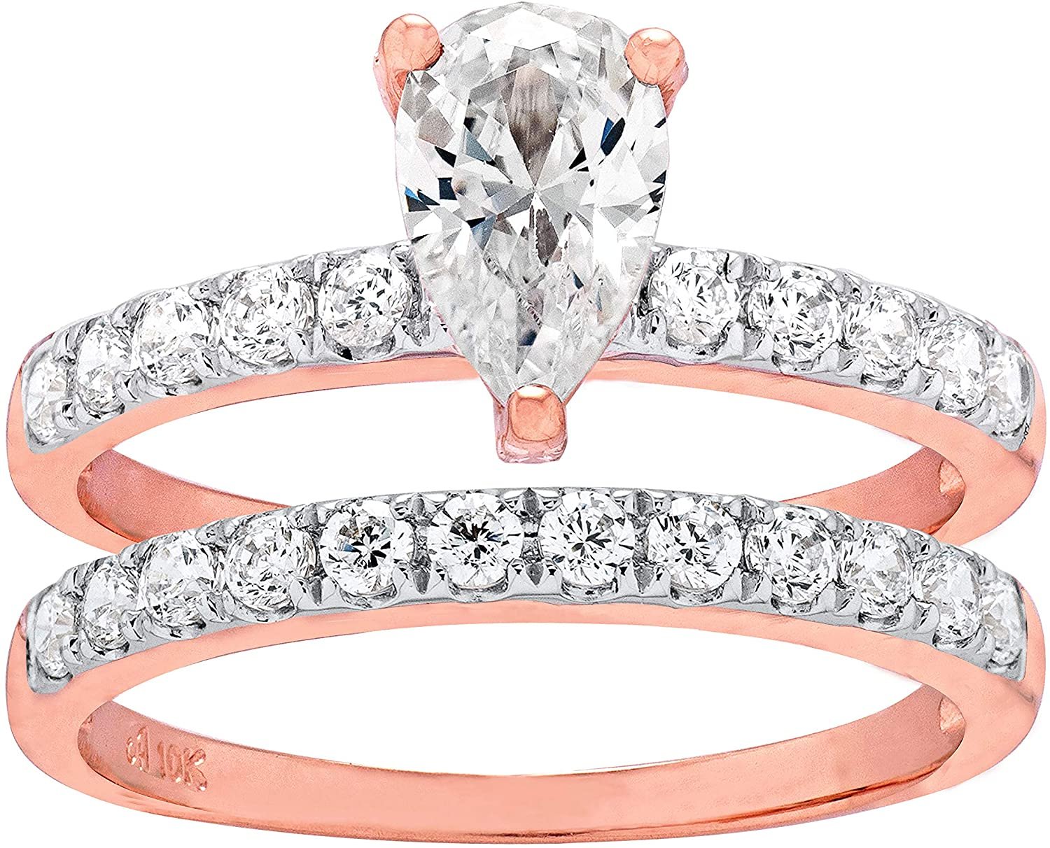 10K Rose Gold & Pear Shape Cubic Zirconia Solitaire on Half Eternity Band Engagement Ring and Wedding Band Bridal Set