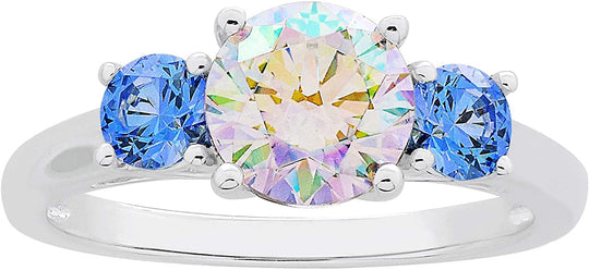 .925 Sterling Silver Round Brilliant Cut Aurora Borealis Cubic Zirconia & Fancy Blue Swarovski Cubic Zirconia Three Stone Engagment Ring