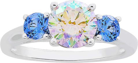 .925 Sterling Silver Round Brilliant Cut Aurora Borealis Cubic Zirconia & Fancy Blue Swarovski Cubic Zirconia Three Stone Engagment Ring