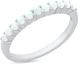 .925 Sterling Silver & Lab Created White Opal Cabochon 11 Stone Shared Prong Opal Band-Style Statement Ring
