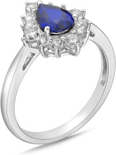 .925 Sterling Silver, Pear Cut Lab-Grown Gemstone & Round Lab-Grown White Sapphire Halo Teardrop Engagement Ring - Choice of Gem Color