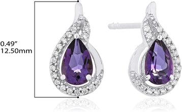 .925 Sterling Silver Pear-Shaped Birthstone & Lab Grown White Sapphire or CZ Teardrop Stud Earrings - Choice of Gem Color/Month