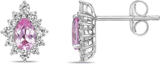 .925 Sterling Silver, Pear Cut Lab-Grown Gemstone & Round Lab-Grown White Sapphire Halo Teardrop Drop Style Stud Earrings - Choice of Gem Color