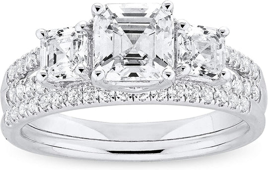 .925 Sterling Silver & Asscher Cut Cubic Zirconia 3 Stone Cathedral Style Engagement Ring and Half Eternity Style Wedding Band Bridal Set