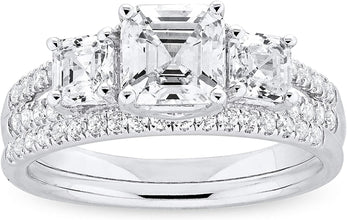 .925 Sterling Silver & Asscher Cut Cubic Zirconia 3 Stone Cathedral Style Engagement Ring and Half Eternity Style Wedding Band Bridal Set