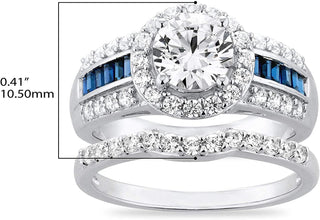 .925 Sterling Silver Round Cubic Zirconia & Baguette Cut Lab Created Blue Sapphire Halo Engagement Ring and Wedding Band Bridal Set