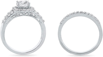 .925 Sterling Silver & Round and Princess Cut Cubic Zirconia with Halo Engagement Ring and Half Eternity Style Wedding Band Bridal Set