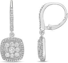 .925 Sterling Silver & 1.0 Cttw Diamond Cluster with Halo 1” Square Cushion Shaped Leverback Dangle Earrings (I-J Color, I2-I3 Clarity)