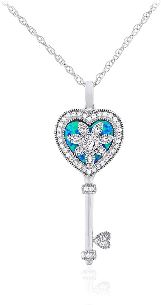 .925 Sterling Silver, Heart Shaped Lab-Created Blue Green Opal Inlay & Lab-Grown White Sapphire Milgrain Edged Heart Key Pendant Necklace - 18"