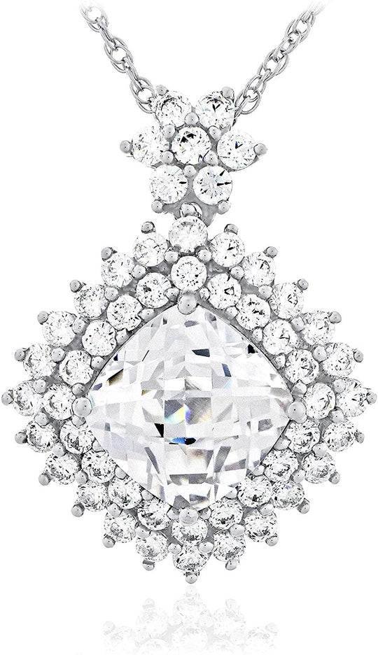 .925 Sterling Silver & Square Cushion Shaped Checkerboard Cut White Cubic Zirconia Double Halo Snowflake 20" Rope Chain Pendant Necklace