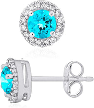 .925 Sterling Silver Birthstone and Lab Grown White Sapphire or CZ Halo Stud Earrings - Choice of Gem Color/Month