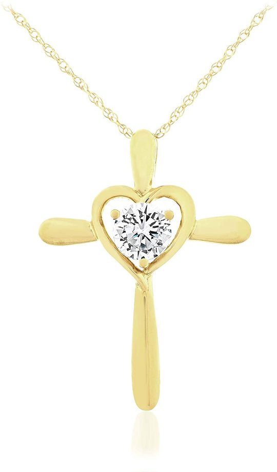10K Yellow Gold White Cubic Zirconia Heart Flared Cross Pendant Necklace with Rope Chain - 20”