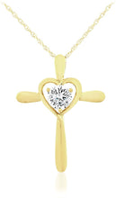 10K Yellow Gold White Cubic Zirconia Heart Flared Cross Pendant Necklace with Rope Chain - 20”