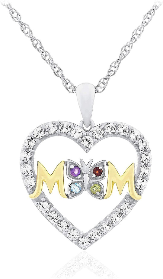 14K Yellow Gold Plated .925 Sterling Silver Multicolor Gem Heart Shape 'Mom' Butterfly Pendant Necklace with Created White Sapphires on 18" Rope Chain