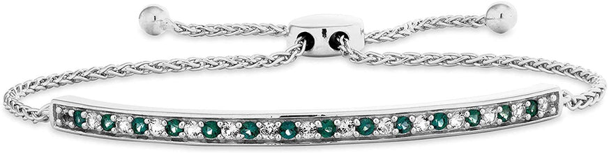 .925 Sterling Silver Lab Grown Emerald & Lab Grown White Sapphire Bar Wheat Bolo Bracelet 5-9
