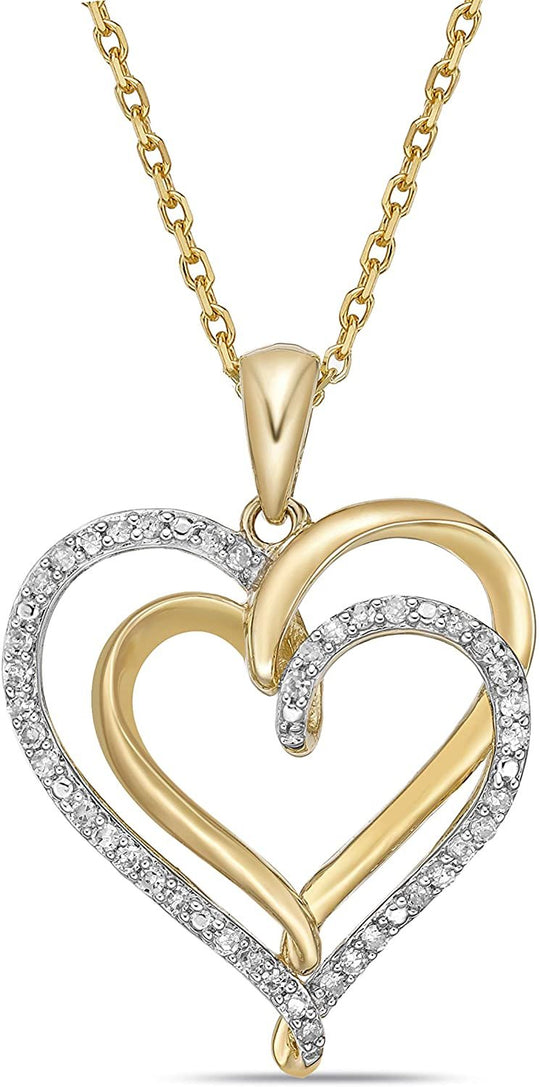 10K Yellow Gold 1/5 Cttw Diamond Two Overlapping Intertwined Open Hearts Pendant Necklace with Cable Chain - 20” (H-I Color, I1-I2 Clarity)