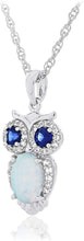 .925 Sterling Silver, Oval Lab-Created White Opal Cabochon & Lab-Grown Blue and White Sapphire Owl Pendant Necklace with 18