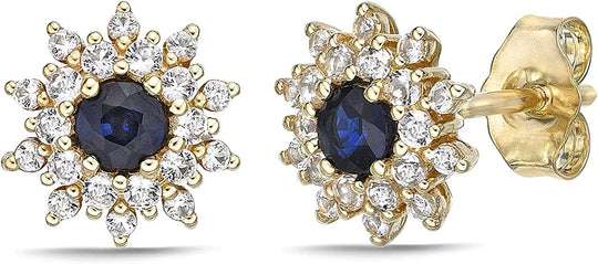 10K Yellow Gold Round Genuine Precious Gemstone & White Topaz Halo Stud Earrings