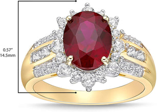 10K Yellow Gold, Lab Created Oval Gemstone & Lab Created White Sapphire Starburst Halo Fluted Cathedral Style Engagement Ring - Choice of Color