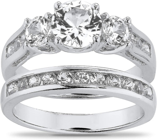 .925 Sterling Silver Round Lab-Grown White Sapphire Cathedral Style 3 Stone Engagement Ring and Eternity Wedding Band Bridal Set