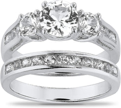 .925 Sterling Silver Round Lab-Grown White Sapphire Cathedral Style 3 Stone Engagement Ring and Eternity Wedding Band Bridal Set