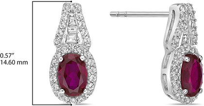 .925 Sterling Silver, Oval Cut Lab-Grown Gemstone & Round + Baguette Cut Lab-Grown White Sapphire Halo Drop Style Stud Earrings - Choice of Gem Color