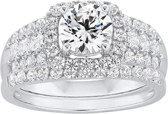 .925 Sterling Silver & Round and Princess Cut Cubic Zirconia with Halo Engagement Ring and Half Eternity Style Wedding Band Bridal Set