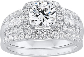 .925 Sterling Silver & Round and Princess Cut Cubic Zirconia with Halo Engagement Ring and Half Eternity Style Wedding Band Bridal Set