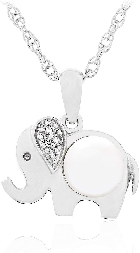 .925 Sterling Silver, 6.0mm White Freshwater Cultured Button Pearl & Lab Grown White Sapphire Elephant Pendant Necklace with 20" Rope Chain