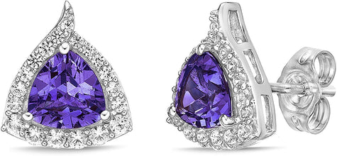 .925 Sterling Silver Trillion Cut Birthstone & Created White Sapphire Halo Stud Earrings - Choice of Birthstone/Month