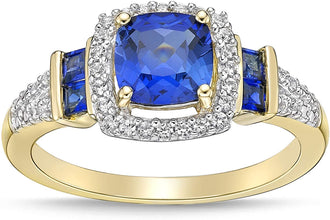 10K Yellow Gold, Cushion and Princess Cut Lab Created Gemstone & Lab Created White Sapphire Halo Fluted Engagement Ring - Choice of Color