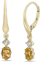 14K Yellow Gold Plated .925 Sterling Silver Oval Cut Birthstone & Created White Sapphire Leverback Dangle Earrings - Choice of Birthstone/Month