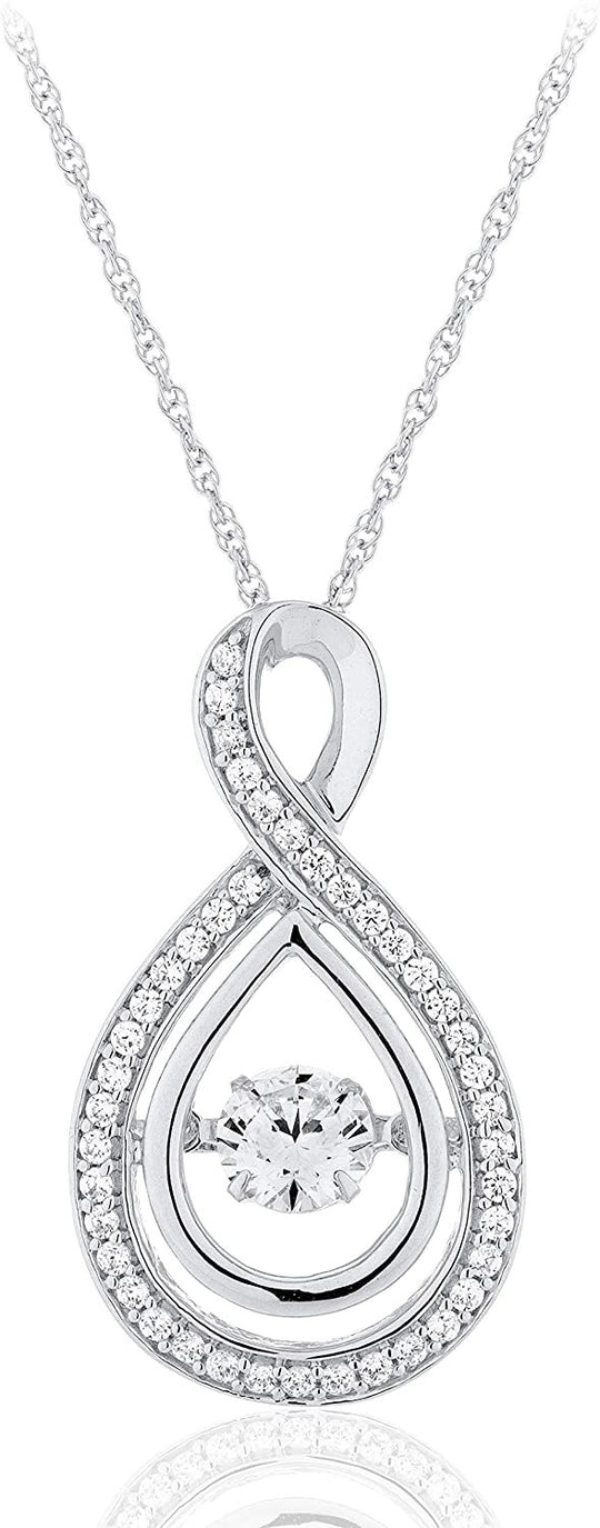 .925 Sterling Silver & Round Cubic Zirconia 1-1/8" Infinity Loop Pendant with Dancing Premium Cubic Zirconia Inside and Delicate Rope Chain Necklace - 18”