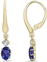 14K Yellow Gold Plated .925 Sterling Silver Oval Cut Birthstone & Created White Sapphire Leverback Dangle Earrings - Choice of Birthstone/Month