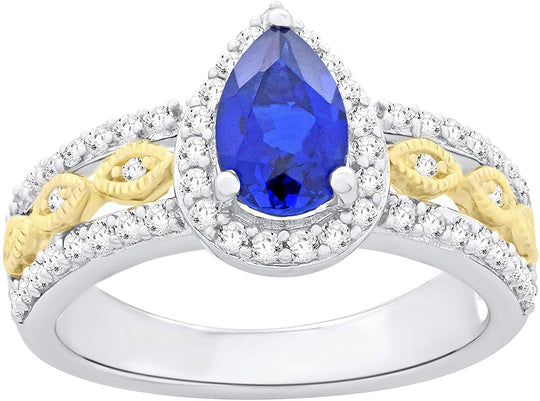 10K Yellow Gold Plated .925 Sterling Silver & Pear Cut Lab-Grown Blue Sapphire & Lab-Grown White Sapphire Halo Milgrain Engagement Ring