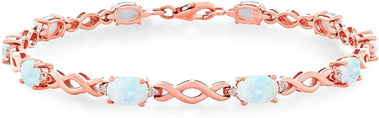10K Rose Gold, Oval Lab-Grown White Opal Cabochon & Lab-Grown White Sapphire Twist Link Tennis Bracelet - 7-1/4"