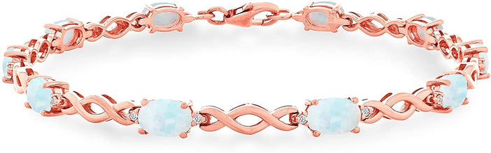 10K Rose Gold, Oval Lab-Grown White Opal Cabochon & Lab-Grown White Sapphire Twist Link Tennis Bracelet - 7-1/4