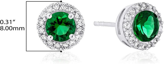 .925 Sterling Silver Birthstone and Lab Grown White Sapphire or CZ Halo Stud Earrings - Choice of Gem Color/Month