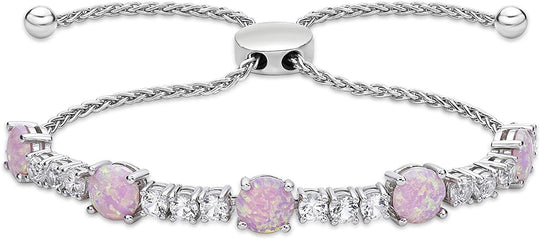 .925 Sterling Silver, Lab Grown Opal & Lab Grown White Sapphire Alternating Stone Wheat Chain Adjustable Bolo Bracelet - 6”-9-3/5” - Choice of Color