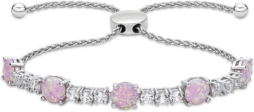 .925 Sterling Silver, Lab Grown Opal & Lab Grown White Sapphire Alternating Stone Wheat Chain Adjustable Bolo Bracelet - 6”-9-3/5” - Choice of Color