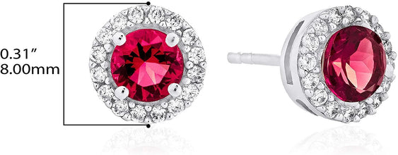 .925 Sterling Silver Birthstone and Lab Grown White Sapphire or CZ Halo Stud Earrings - Choice of Gem Color/Month