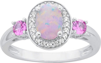 .925 Sterling Silver, Oval Lab-Grown White Opal Cabochon & Lab-Grown Pink and White Sapphire 3 Stone with Halo Engagement or Anniversary Ring